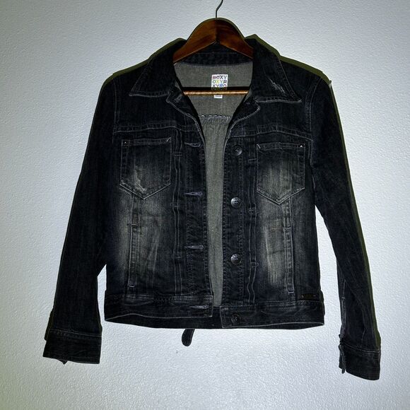 Roxy Women's Jacket Denim M Distressed Black Jean Long Sleeve Grunge - Picture 2 of 9